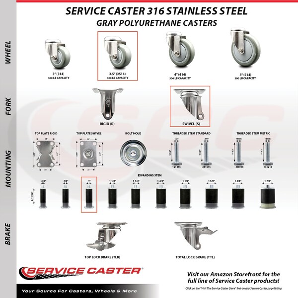 3.5 Inch 316SS Gray Polyurethane Swivel 1 Inch Expanding Stem Caster Set